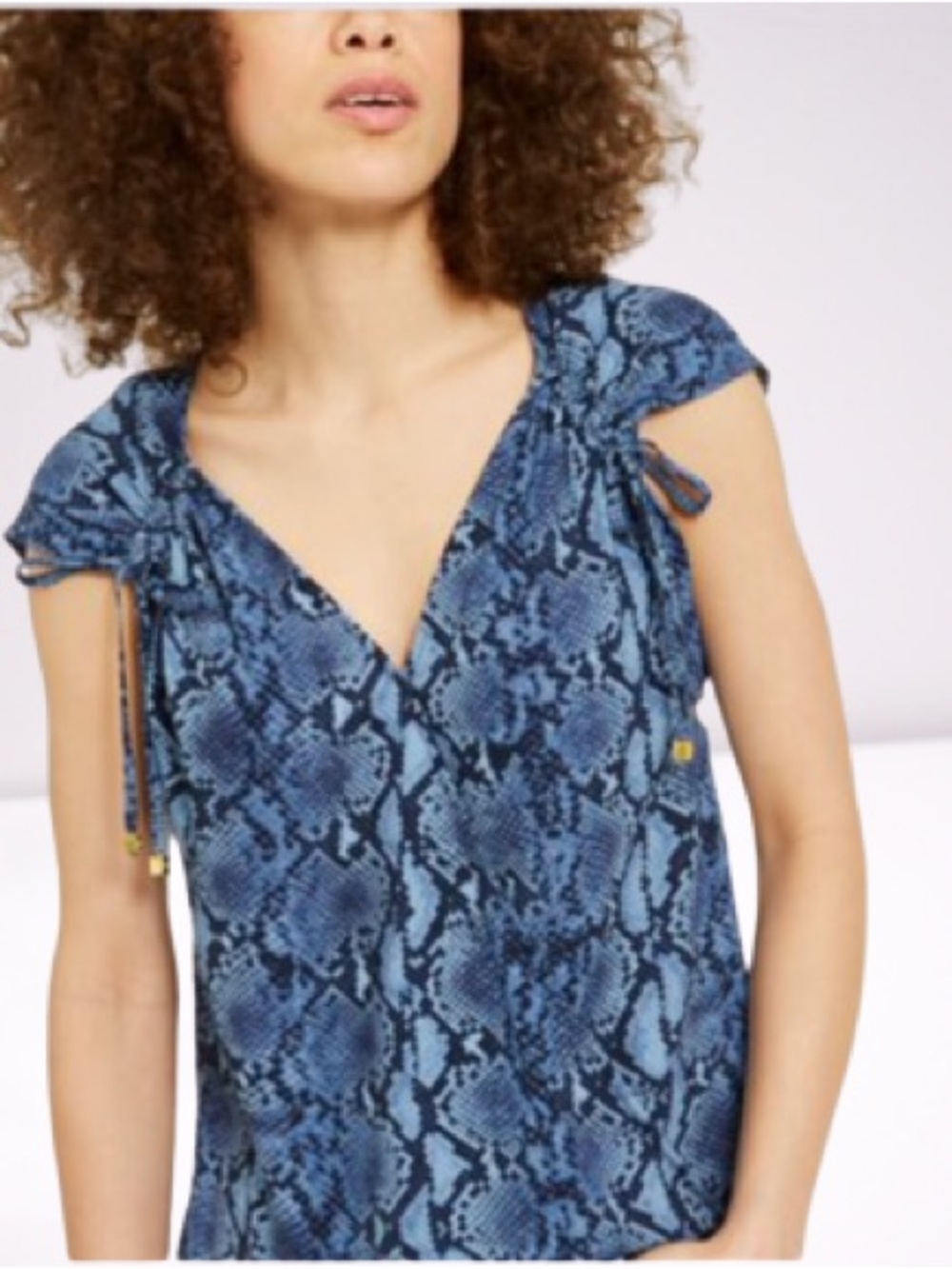 Michael Kors Blue Snakeskin Print V-Neck Cap Sleeve Top Large